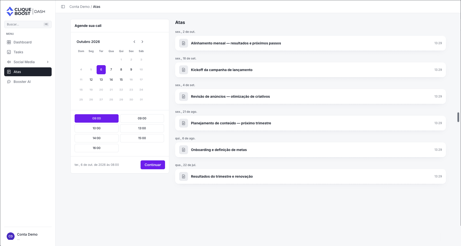 Tela de exemplo do Dash com a lista de atas de reunião
