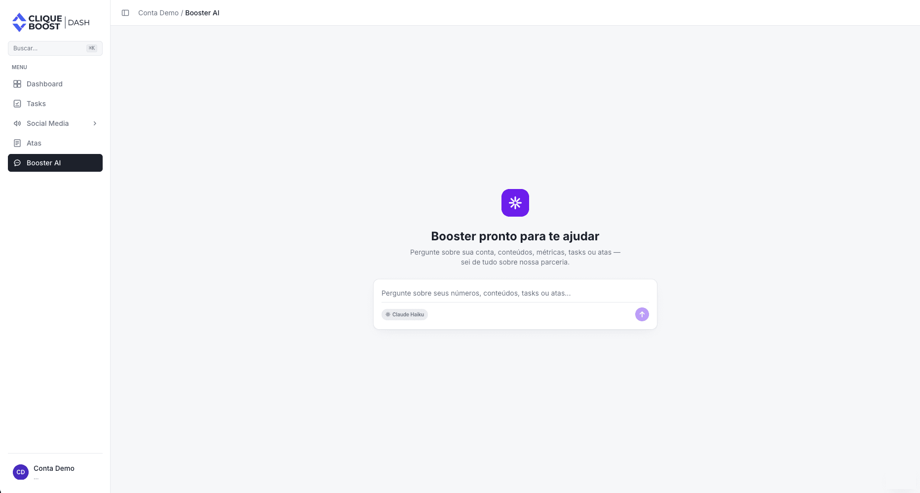 Tela de exemplo do Dash com o assistente Booster AI