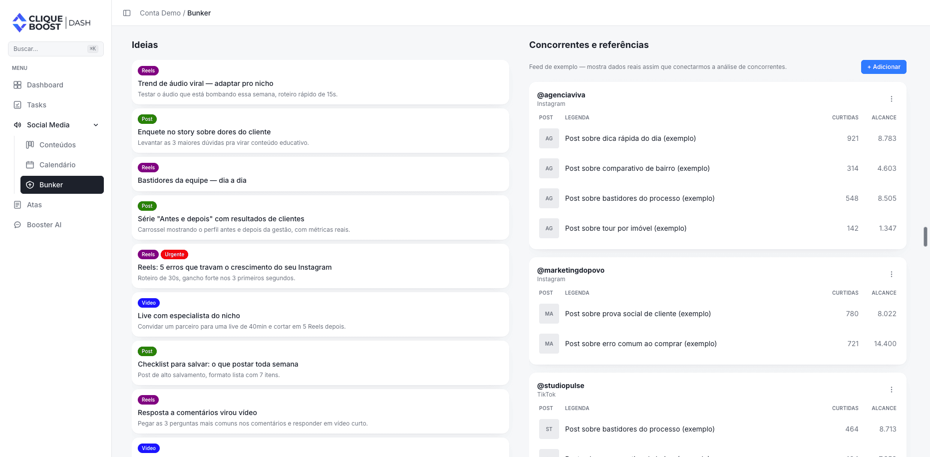 Tela de exemplo do Dash com ideias e referências