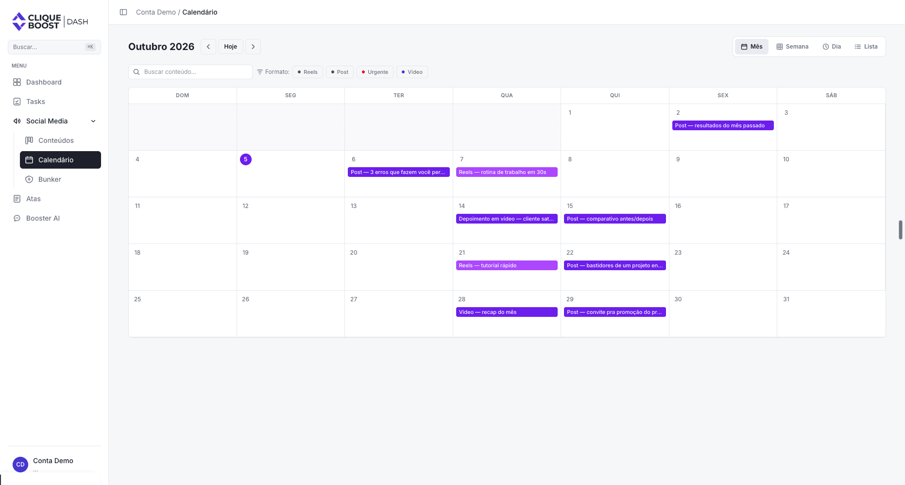 Tela de exemplo do Dash com o calendário de postagens