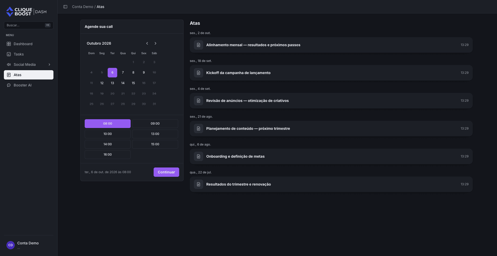 Tela de exemplo do Dash com a lista de atas de reunião