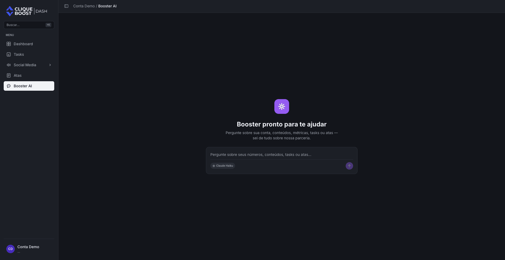 Tela de exemplo do Dash com o assistente Booster AI