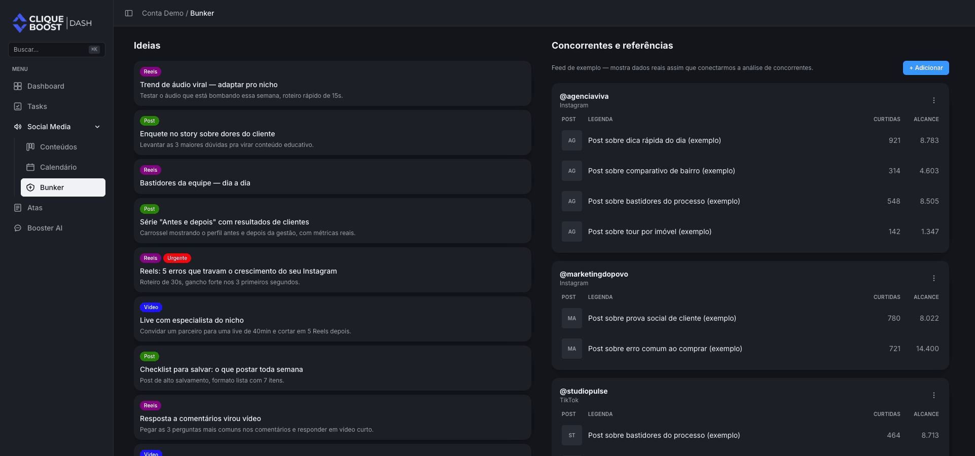 Tela de exemplo do Dash com ideias e referências