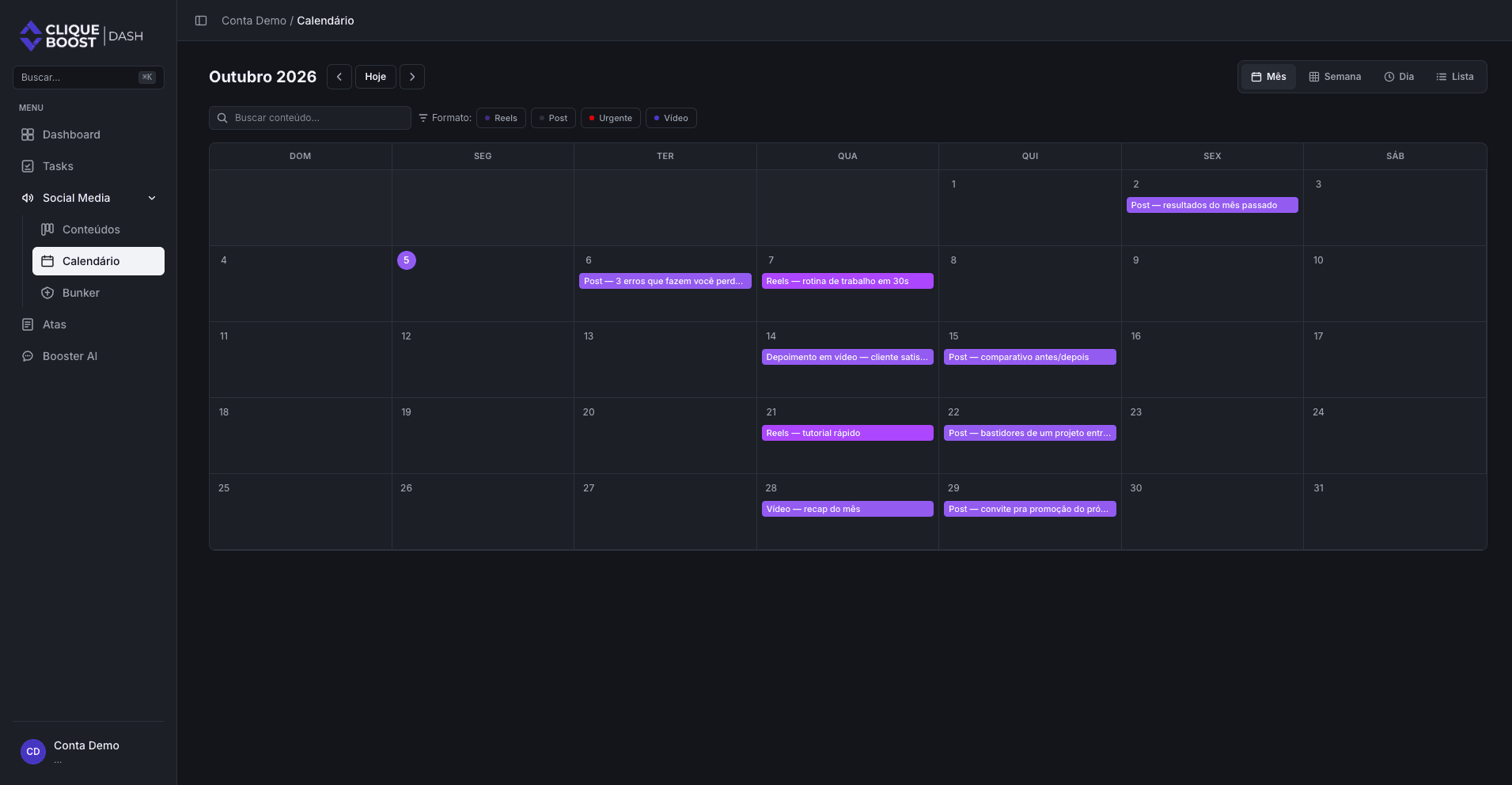 Tela de exemplo do Dash com o calendário de postagens